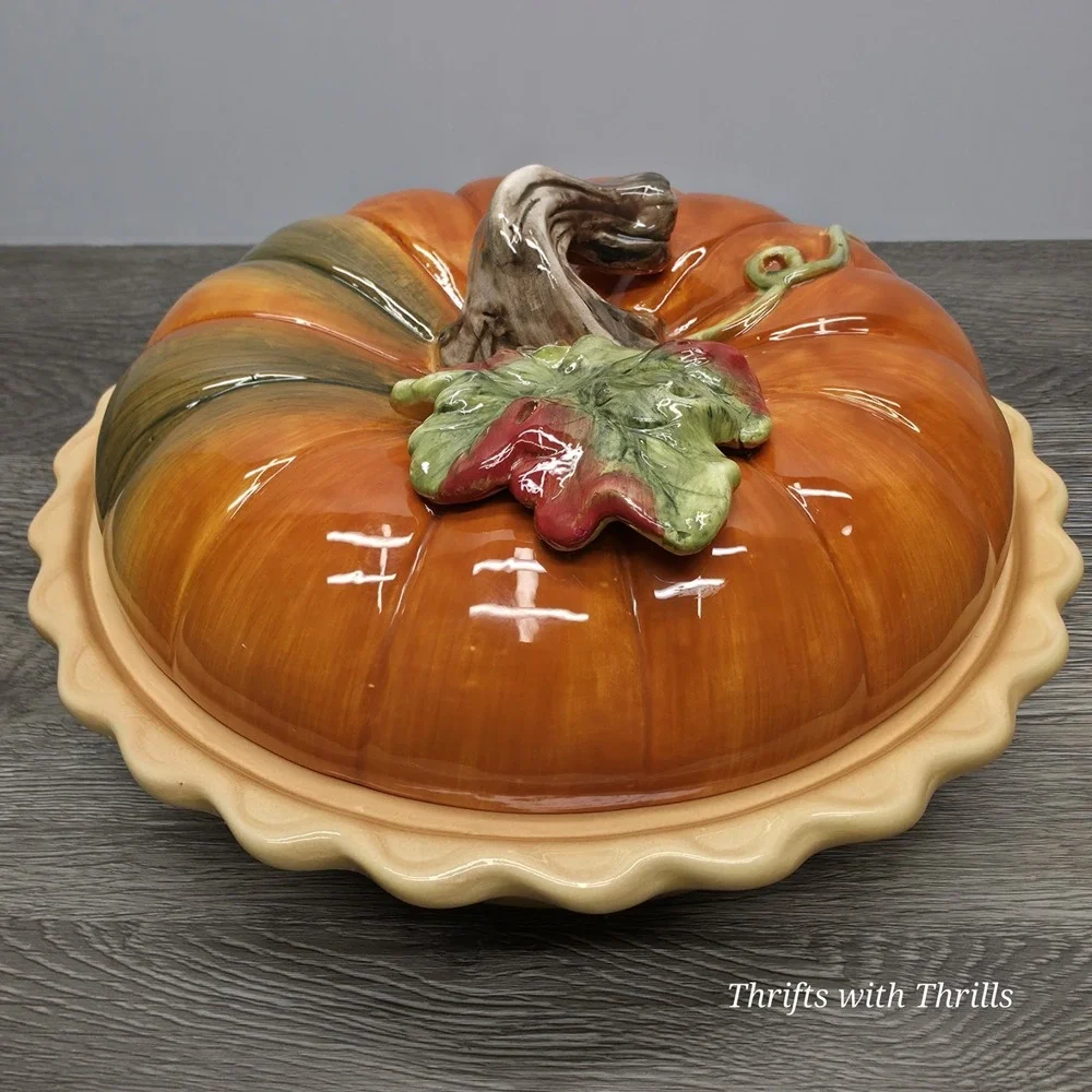 Vintage Cracker Barrel Ceramic Pumpkin Patch Pie Plate And Lid - Fall Is Here!!